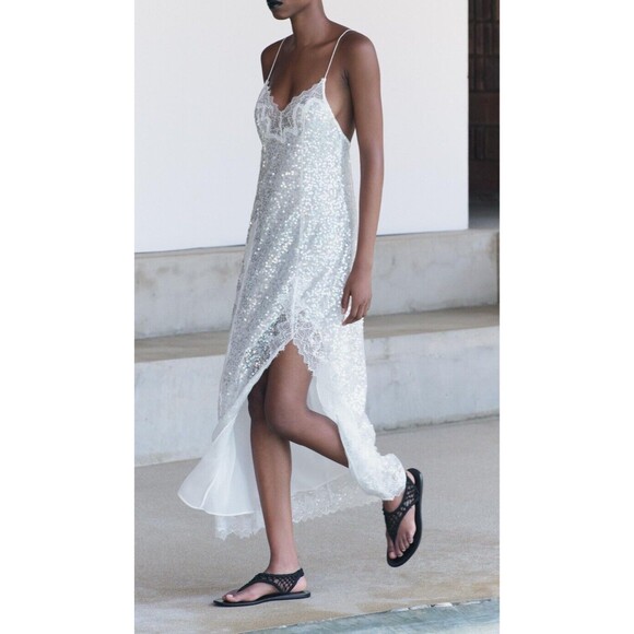 ZARA WOMAN NWT SS24 SEQUIN CAMISOLE LACE DRESS WHITE SILVER SIZE LARGE 5919/808 - Picture 4 of 16